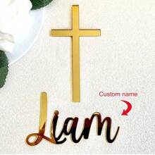 1pc Custom Acrylic Name And Cross Cake Charm, Acrylic Personalized BaptismTopper, Gold Baptism Cake Charm, Christening Cake Decor, Custom Name Charm,Personalized Name Cake Charm & Cross Custom Christening Cake Topper Baptism Decor Laser Cut Name Cake Plaque Mirror Acrylic, Available Sizes,Delicate Romance