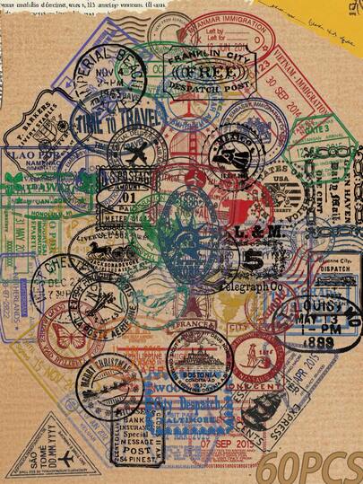 60 件复古透明邮戳贴纸 - 复古旅行和音乐主题贴花，适用于水瓶、吉他、笔记本电脑和剪贴簿 - 可重复使用的乙烯基派对礼品和节日及活动礼物复古邮戳设计|可重复使用的乙烯基贴纸 DIY 装饰贴纸，适用于夏季万圣节和圣诞节