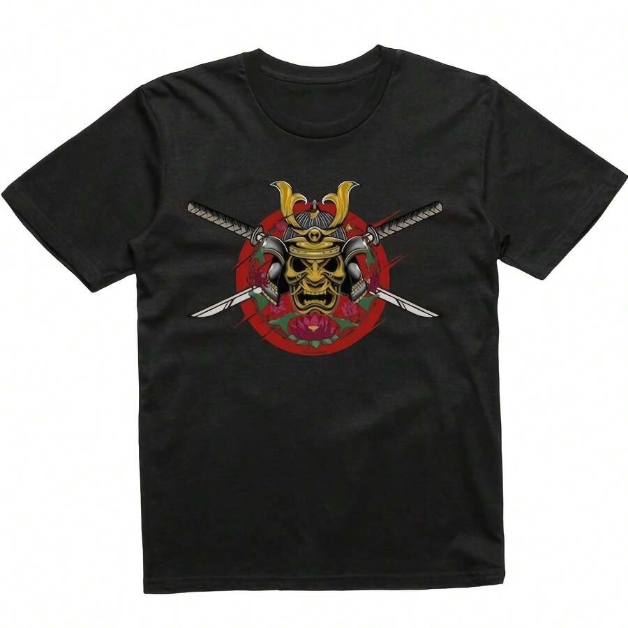 Kids Japanese Samurai Face Mask T-Shirt Japan Anime Kitana Tokyo___220g High-Quality Pure Cotton T-Shirt With Minimalist Printing, Soft And Breathable Fabric, Comfortable And Loose, Suitable For All Day Wear, Suitable For Office Casual Wear, Spring And Summer Daily Appearance, Elegant And Youthful Design - Black - View 1