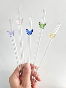 1 件/2 件/5 件可爱彩色蝴蝶饰物可重复使用玻璃吸管，适用于水杯，防碎弯曲吸管带清洁刷，适用于冷饮、奶茶、咖啡、果汁、冰沙、厨房、餐厅、鸡尾酒会、返校、送给女朋友/男朋友、父母、朋友的礼物、节日用品、万圣节、感恩节、圣诞节。 - 款式1 - 查看 9
