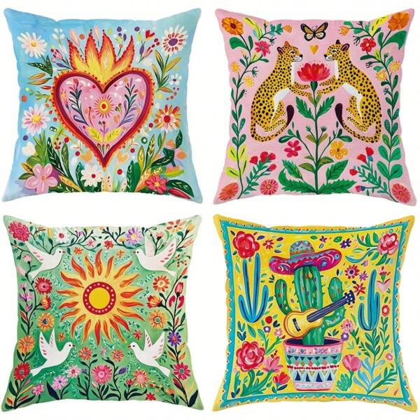 4Pcs, Bohemian Mexico Throw Pillow Covers - Vibrant Floral, Cactus, Leopard & Sun Designs In Yellow, Pink, Green & Blue - Soft Polyester With Zip Closure - Perfect For Living Room, Bedroom, Sofa & Bed Decor, Decorative Pillows,16x16 18x18 20x20 Inches,Single-Sided,No Pillow Core