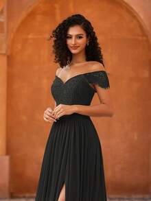 MOEVIO Elegant Sweetheart Neck Lace Contrast Chiffon Backless Split Thigh Long Formal Bridesmaid Party Spring Vacation Outfit Dress For Graduation Summer Festival Gown - Black - View 6