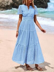 Women's Spring And Summer Maxi Dress Short Sleeve V Neck Hollow Out Eyelet A Line Long Flowy Wedding Guest Beach Vacation Dresses For Women - Màu xanh nhạt - Xem 5