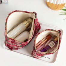 Red Rose Floral Pattern Handbag Cosmetic Pouch, Portable Sanitary Napkin Organizer Bag, Large Capacity Wallet, Zipper Storage Bag For Travel & Makeup Brushes