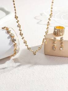 简约新娘项链时尚首饰套装，优雅百搭水钻精致爪链项链耳环手链戒指套装 4 件套 - 金色 - 查看 12