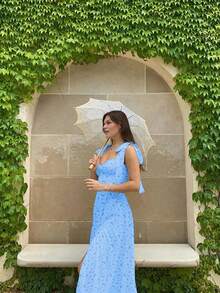 New Spring/Summer V-Neck Spaghetti Strap Tie-Up Fitted Polyester Ditsy Floral Backless Slit Maxi Dress, Vacation Style Boho Dress - Blue - View 10