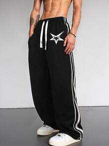 Men's Side Stripe Drawstring Waist Loose Straight Leg Casual Pants - Black - View 1