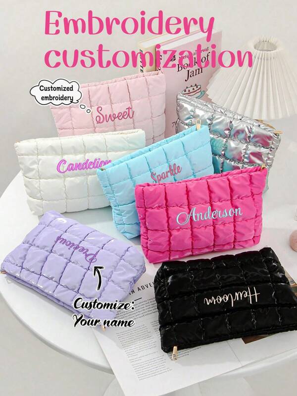 1pc Personalized Ins Style Padded Cosmetic Bag, Portable Travel Toiletry Pouch, Quilted Candy Color Makeup Bag Multi-Functional Storage Pouch, Large Capacity Embroidered Beauty Bag, Ins Style Octagonal Letter Bag, High-Quality Bridesmaid Gift, Suitable For Daily Use, Gift For Family, Friends, Mother, Partner, Suitable For Mother's Day, Valentine's Day, Nurse's Day, Teacher's Day, Christmas, Anniversary, Birthday,School Supplies,Back To School,School Gift,For Office,For School,For Classroom,For Teacher Gifts,For University,For Colleague,For Dorm Rooms,For Teacher,For Boys And Girls,For Teenagers,Junior High School Students,Middle School Students,High School Senior High School Students,College Students,University Students,Freshman,Sophomore,Underclassmen