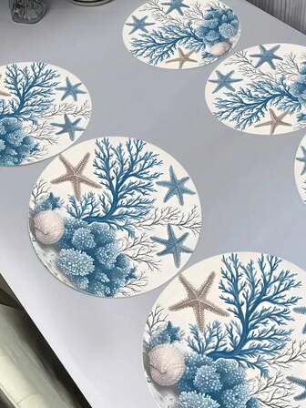 4/6 Pcs Of Nautical Paradise, 38cm Ocean-Inspired Round Placemat - Starfish, Shell, And Coral Pattern Design, Heat-Resistant, Non-Slip Linen, , Suitable For Kitchen And Dining Room Decor, Summer Gift For Friends, Summer Pirate Theme.