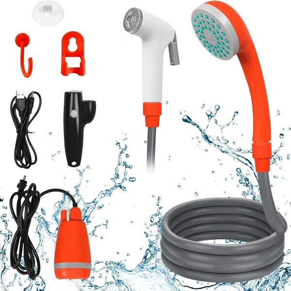 Ducha de camping con bomba portátil, ducha de camping para exteriores que incluye manguera y colgador fijo, ducha de jardín, para jardín, playa, camping, viajes, lavado de coches