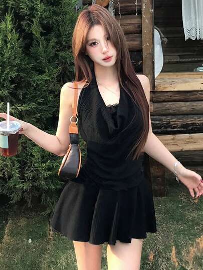 1pc Women's Sexy 2 In 1 Lace Dress, Halter Neck