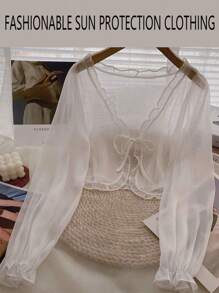 1 pieza Chaqueta de malla transparente anti-UV para mujer para vestido ligero con tirantes, cubierta de chifón sin mangas