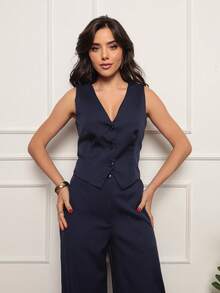 Women's Tailored Set Simple Elegant Button Pocket Zipper Office - 藏蓝色 - 查看 3