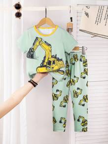 BrownBark 4 Sets, 8 pièces - Ensemble de pyjama décontracté d'été pour jeune garçon avec imprimés de dinosaures, de requins, de pelleteuses. Top à manches courtes et pantalon. Tenue d'intérieur d'été confortable pour garçons