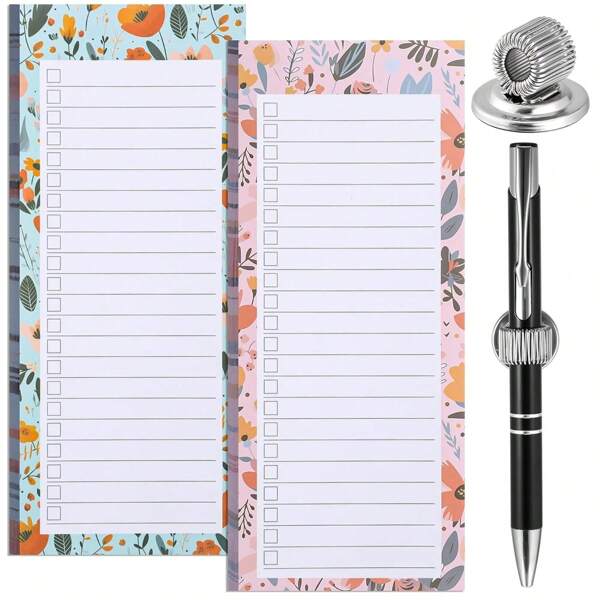3 pièces/2 paquets de blocs-notes magnétiques de liste de courses et 1 porte-crayon magnétique (50 feuilles/paquet). Liste de courses magnétique à détacher, bloc-notes magnétique, porte-crayon magnétique pour le réfrigérateur, fournitures scolaires, rentrée scolaire