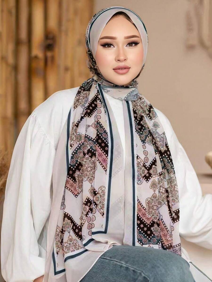1 pièce Hijab en mousseline de soie imprimé, foulard de tête élégant et luxueux de couleur rétro pour femmes, accessoires hijab abaya, voile pour robe - Multicolore - Voir 1