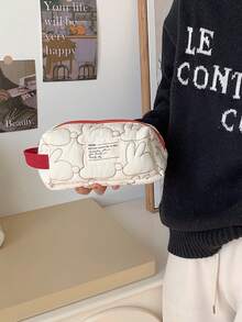 1 件简约纯色兔子绗缝可爱铅笔盒女士化妆包便携式收纳袋学校用品，返校，学校用品，铅笔袋，书包 - 白色 - 查看 2