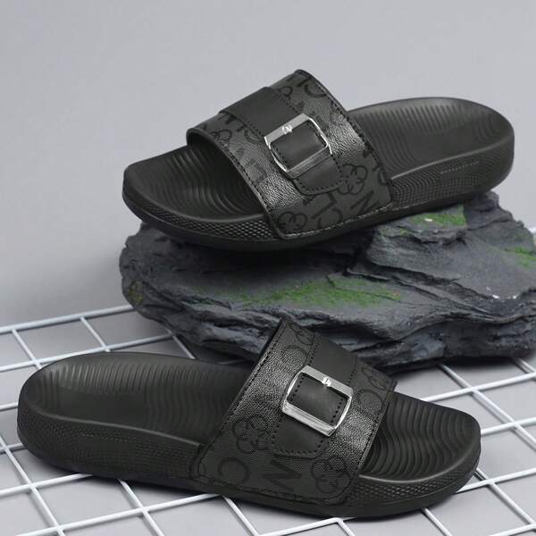 2024 Men's Street Style Sandals, Faux Leather Texture With Metal Strap, Contrast Color Design, Multi-Terrain Slip-Resistant Pattern, Casual Indoor/Outdoor Wear
