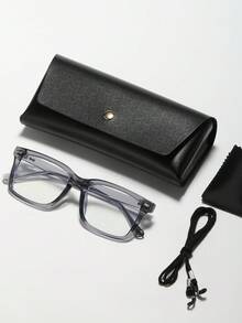 2pcs Men's Metal Decoration Vintage Style Rivet Embellished Flat Lens Glasses, Campus Business Glasses (Glasses Strap + PU Leather Gift Box Set) - 黑色+淺灰色 - 查看 4