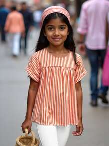 Spring/Summer Casual Striped Print Woven Dress For Tween Girls Versatile Daily Outdoor Breathable Comfortable Childrenswear, Minimalist Stylish Cute Outfit, Suitable As Holiday Gift