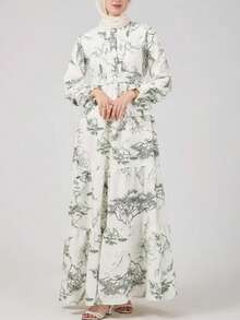 Đầm dài kiểu Ả Rập thanh lịch, tối giản, in họa tiết cây xanh. - trắng - Xem 4