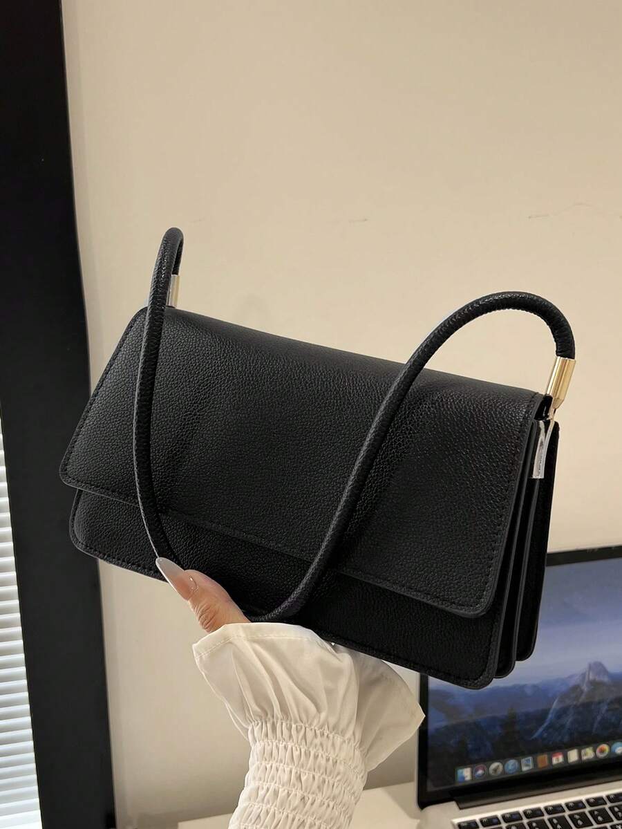 Crocodile Embossed Flap Shoulder Bag, Solid Color Commuter Bag For Daily Use - Black - View 1