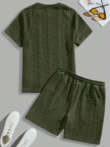Men's Solid Color Short Sleeve T-Shirt + Drawstring Oblique Pocket Shorts 2-Piece Set, Cable Knit