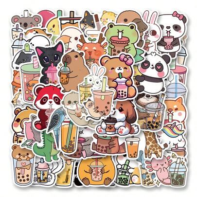 50PCS Cute Boba Stickers Kawaii Tea Stickers Drink Stickers Funny Stickers Animal Stickers Graffiti Stickers Boba Party Decorations Waterproof Vinyl Stickers Bulk For Skateboard Luggage Laptops Bumper Theme Party Supplies