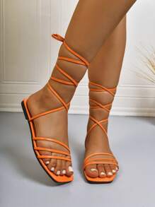 Sandalias planas casuales con tiras y punta cuadrada trenzadas para mujer