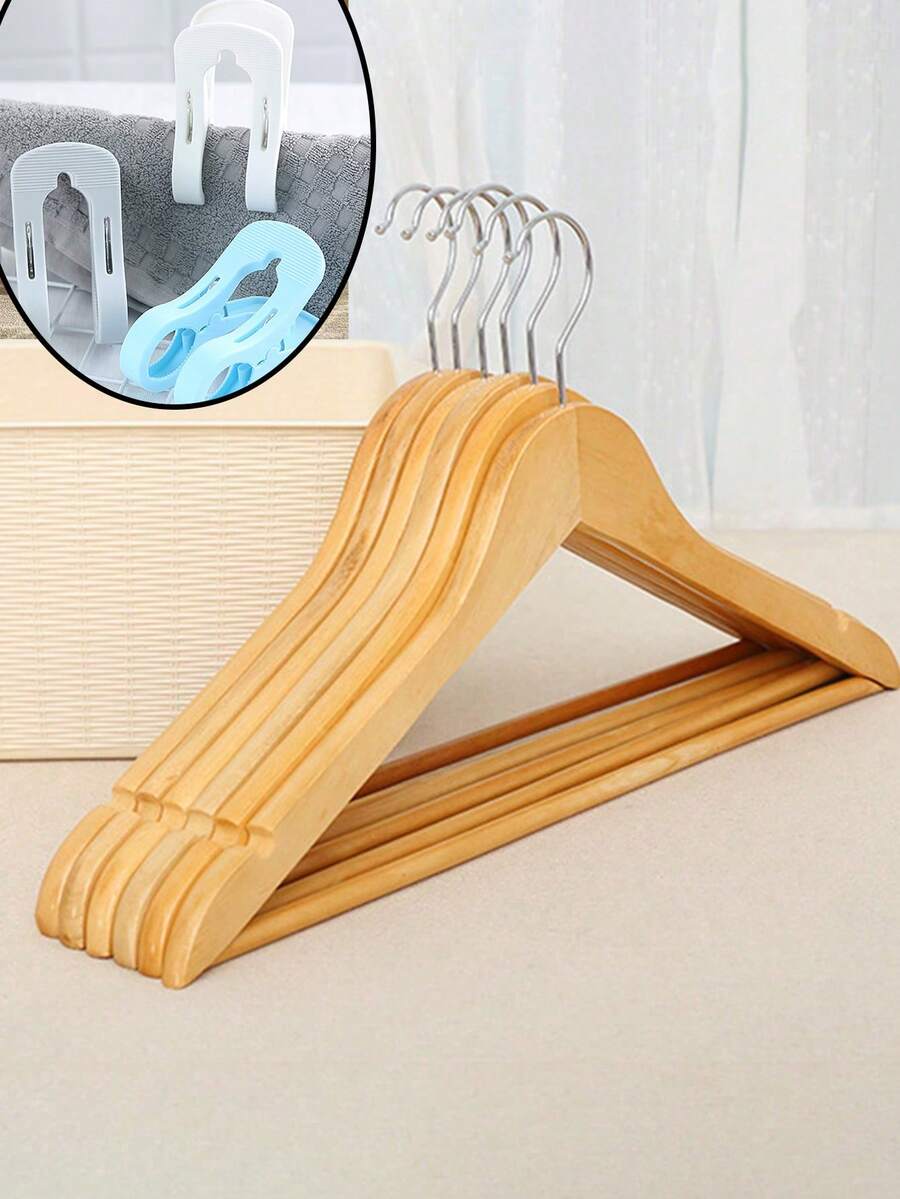 Bộ 5 Móc treo quần áo bằng gỗ cao cấp - Móc treo áo khoác mỏng bền có móc xoay 360 độ - Móc treo quần áo bằng gỗ có rãnh vai (Màu tự nhiên), Móc treo vest, Giá treo cà vạt, Móc treo quần + Kẹp lớn màu ngẫu nhiên để cất giữ quần áo và phơi khô - Nhiều màu - Xem 1