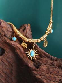 Colar com pingente de árvore da vida, girassol, estrela e lua em estilo boêmio vintage com pulseira de contas turquesa para mulheres