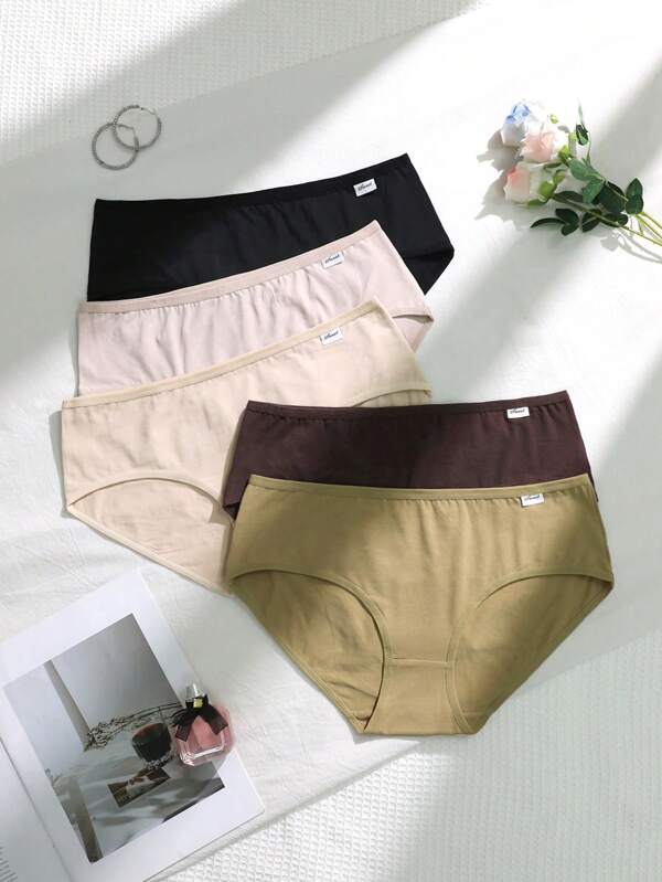 5pcs/Pack Plus Size Women's Solid Color Elastic Waist Briefs