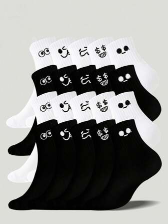 10 Pairs Unisex Cartoon Pattern Sports Socks, Mid-Calf, Suitable For Couples, Holiday Gift, Spring/Summer/Autumn