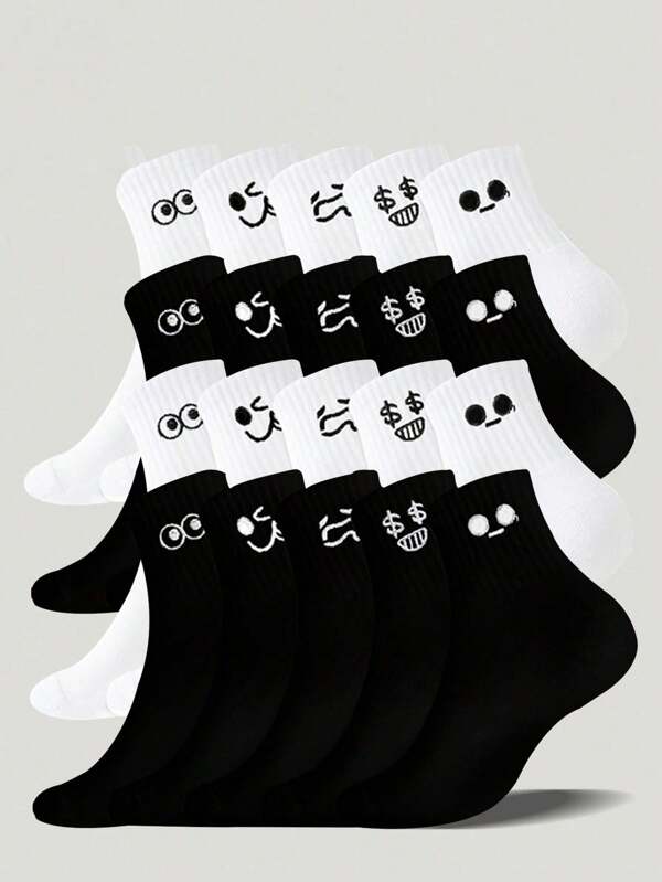 10 Pairs Cartoon Pattern Women Men Boys Girls Unisex Couples Sports Socks Mid-Tube Socks Spring Summer Holiday Gift