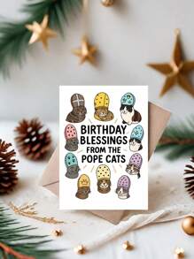 1 PIEZA Tarjeta de felicitación de cumpleaños con diseño de gato con mitra del papa, ilustración adorable, en blanco por dentro, bendiciones humorísticas, regalo para amantes de las mascotas, hombres, mujeres y amigos, tarjeta de cumpleaños felina única