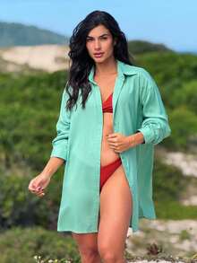 Plain Chemise Shirt Beach Cover-Up - Green - View 2