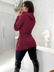 Women's Winter Coat Cardigan Hooded And Pocket Knit Kimono - 酒紅色 - 查看 5