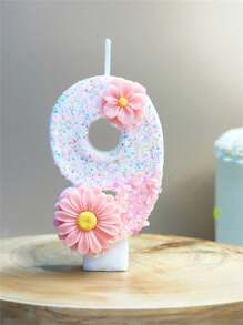 1 Pc Shiny Pink Number Candle With Floral Accents - Sparkling Birthday Cake Decoration For Party And Celebration, Long-Lasting Wax, Indoor Use, Suitable For Festive Gatherings And Birthdays