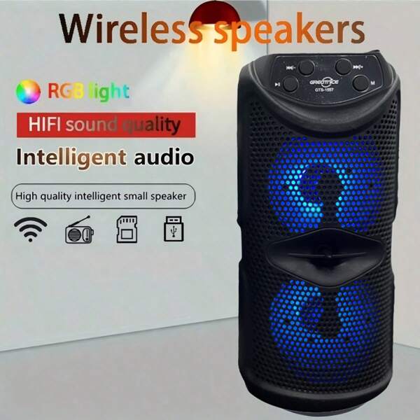 SENBOWE Alto-falante Enorme GTS-1557, Dual 3 Polegadas, Alto-falante para Uso Externo, Luz LED, Cartão Plug-in, USB, Conexão com Microfone, Alto-falante Grande para Acampamento, Portátil, Sem Fio, Luz Colorida 800mAh