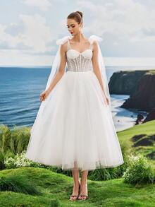 Lindos vestidos de noite elegantes, nobres e fofos, brancos, com decote em forma de coração, com amarração em espinha de peixe, para mulheres, vestido de chá de panela branco, estilo fada, para férias, temporada de casamento