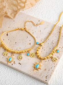 Colar com pingente de árvore da vida, girassol, estrela e lua em estilo boêmio vintage com pulseira de contas turquesa para mulheres