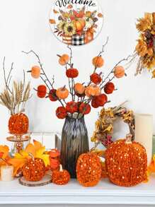 1 pieza/4 piezas/6 piezas Ramas artificiales de calabaza con tallos largos para decoración central en florero durante el Festival de la Cosecha de Otoño y Acción de Gracias, decoración de otoño, decoración del hogar de otoño, decoración de Halloween, decoración de habitaciones, plantas falsas, decoración de cocina