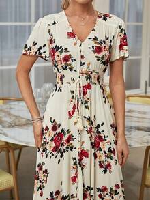 Rusttydustty Spring And Summer New Women's Plus Size Apricot Print Lotus Leaf Sleeve Single-Breasted Tassel Rope A Word Big Swing Long Dress Party, Seaside, Holiday, Music Festival - Apricot - View 7