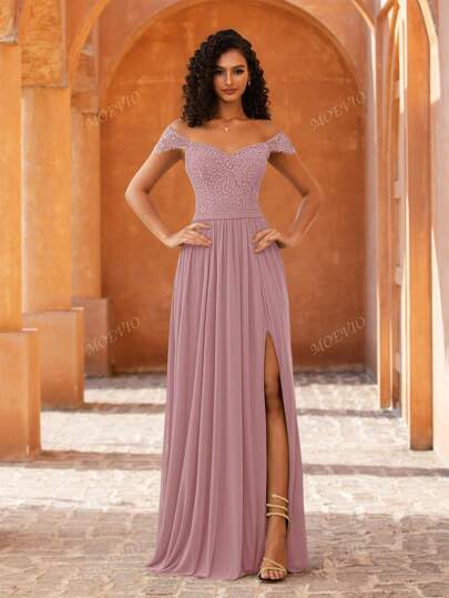 MOEVIO Elegant Sweetheart Neck Lace Contrast Chiffon Backless Split Thigh Long Formal Bridesmaid Party Spring Vacation Outfit Dress For Graduation Summer Festival Gown