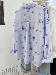 YUXIN Elegant Ditsy Floral Blouse, Lightweight Breathable Women's Shirt For Spring, Summer & Autumn - Lake Blue - View 8