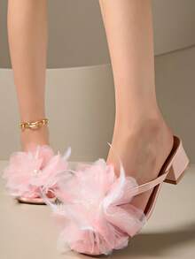 2025夏季新款法式粗跟仿珍珠花朵绑带凉鞋，露趾百搭中跟女式拖鞋 - 粉色 - 查看 6