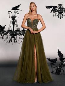 Vipgirl 女士优雅绿色露肩长款派对礼服，正式晚会舞会婚礼宾客礼服，适合毕业典礼、晚宴 - 綠色 - 查看 1