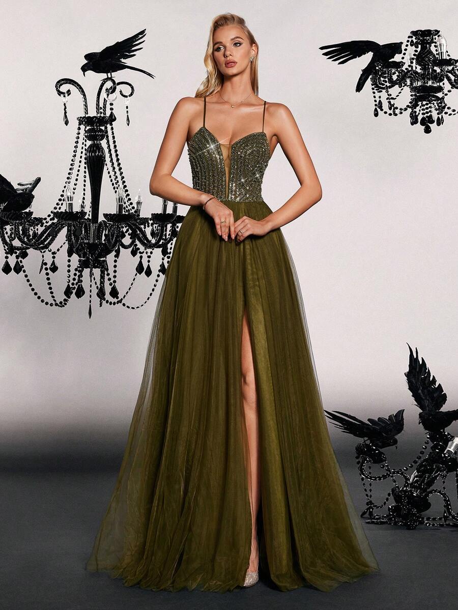 Vipgirl 女士优雅绿色露肩长款派对礼服，正式晚会舞会婚礼宾客礼服，适合毕业典礼、晚宴 - 綠色 - 查看 1