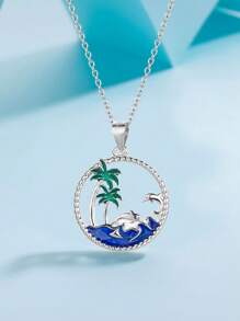 Summer Ocean Palm Tree Hollow Design Necklace & Earring Jewelry Set, Palm Tree, Sea Wave, Mother-Child Dolphin Pendant Necklace, Gift For Women, Girlfriend, Mom
