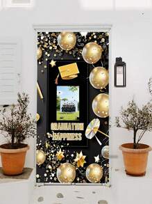1pc Customizable Photo Backdrop, Black & Gold Graduation Season College Graduation Party Decoration For Entrance, Porch Background